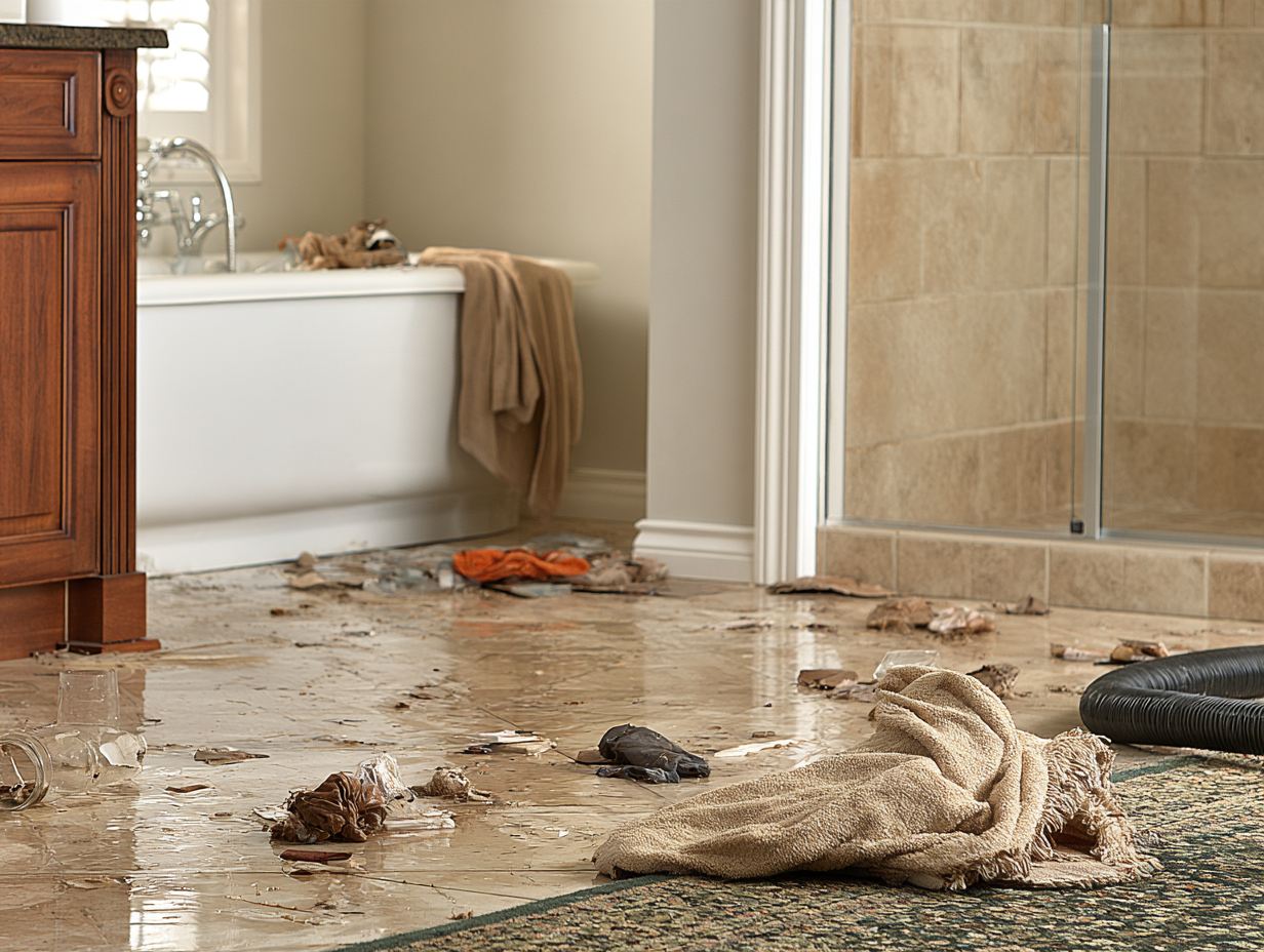 Flooded bathroom floor with debris and a water extraction hose