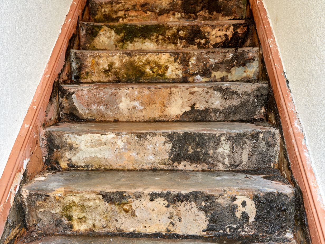 Mold and water staining on concrete basement stairs