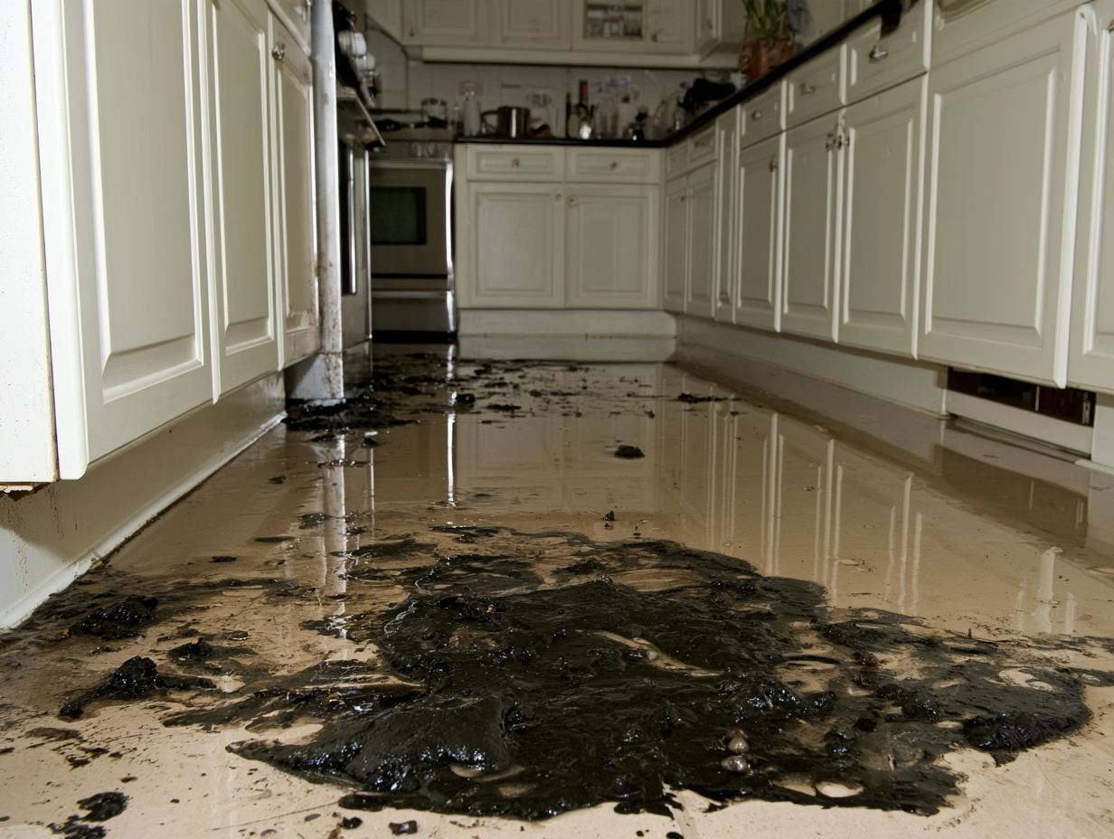 Black sewage backup spread across a kitchen floor