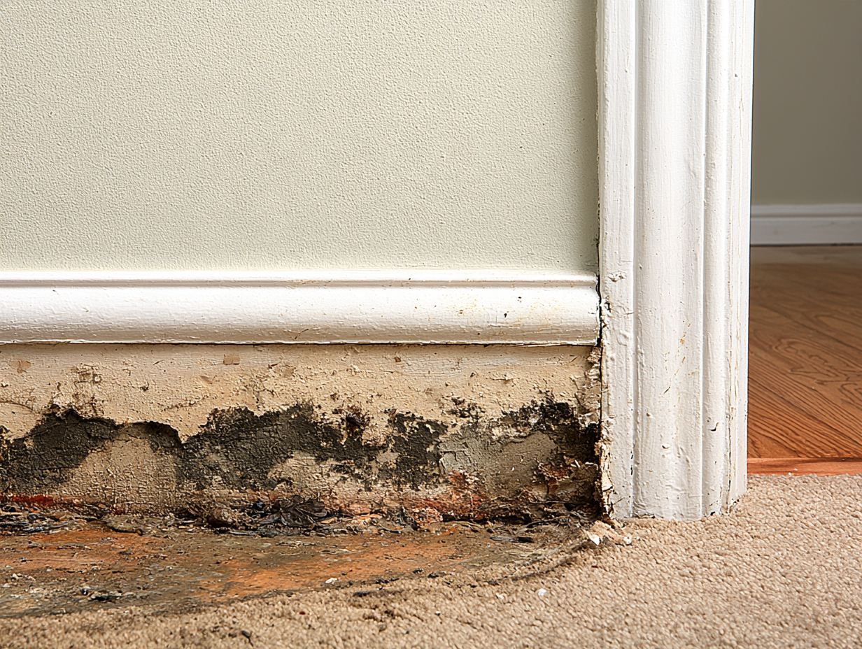 Water-damaged baseboard and drywall with dark staining above wet carpet