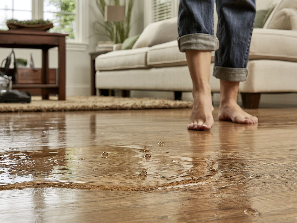 Homeowner stepping toward a puddle from a leak on a hardwood floor